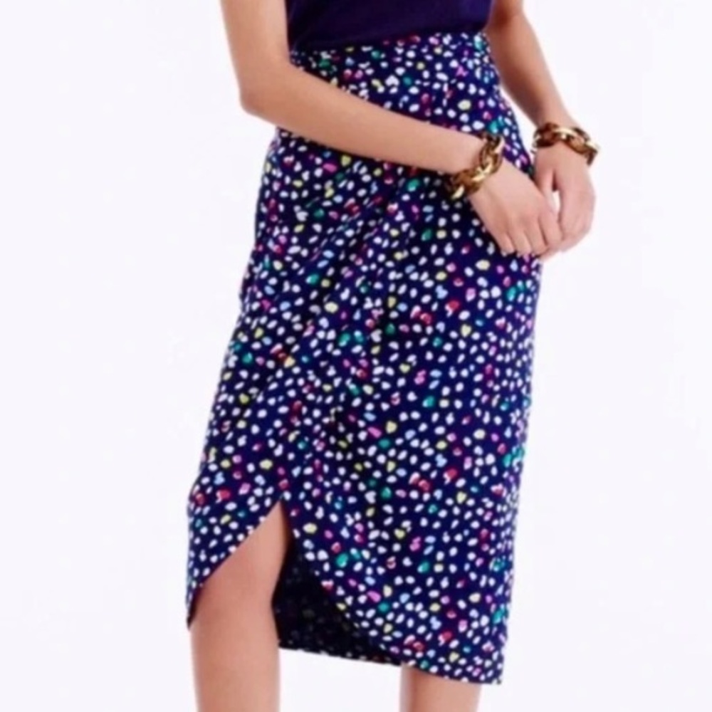 J. Crew Navy High-Low Midi Skirt with Multicolor Dot Print
